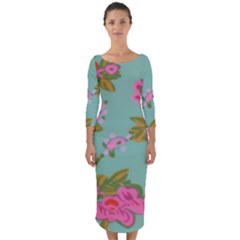 Mid Century Retro Floral 1970s 1960s Pattern 81 Quarter Sleeve Midi Bodycon Dress by violetheavensky
