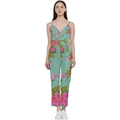 Mid Century Retro Floral 1970s 1960s Pattern 81 V-neck Camisole Jumpsuit by violetheavensky