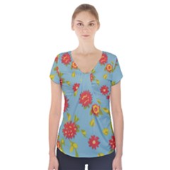 Mid Century Retro Floral 1970s 1960s Pattern 78 Short Sleeve Front Detail Top by violetheavensky