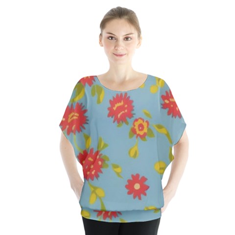 Mid Century Retro Floral 1970s 1960s Pattern 78 Batwing Chiffon Blouse by violetheavensky