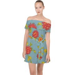 Mid Century Retro Floral 1970s 1960s Pattern 78 Off Shoulder Chiffon Dress by violetheavensky