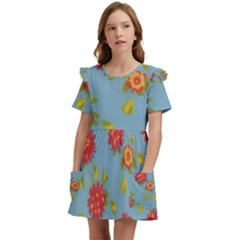 Mid Century Retro Floral 1970s 1960s Pattern 78 Kids  Frilly Sleeves Pocket Dress by violetheavensky