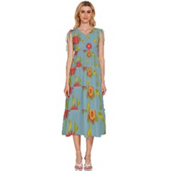 Mid Century Retro Floral 1970s 1960s Pattern 78 V-neck Drawstring Shoulder Sleeveless Maxi Dress by violetheavensky
