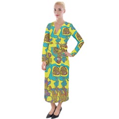 Mid Century Retro Floral 1970s 1960s Pattern 60 Velvet Maxi Wrap Dress by violetheavensky