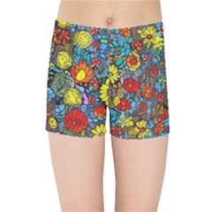 Mid Century Retro Floral 1970s 1960s Pattern 56 Kids  Sports Shorts by violetheavensky