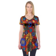 Mid Century Retro Floral 1970s 1960s Pattern 69 Short Sleeve Tunic  by violetheavensky