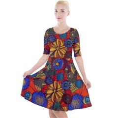 Mid Century Retro Floral 1970s 1960s Pattern 69 Quarter Sleeve A-line Dress by violetheavensky