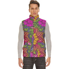 Mid Century Retro Floral 1970s 1960s Pattern 55 Men s High Neck Button Up Puffer Vest by violetheavensky