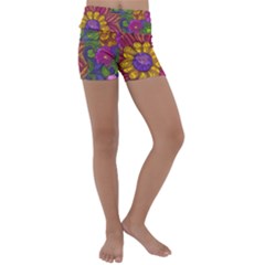 Mid Century Retro Floral 1970s 1960s Pattern 55 Kids  Lightweight Velour Yoga Shorts by violetheavensky