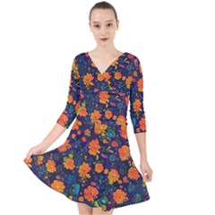 Mid Century Retro Floral 1970s 1960s Pattern 61 Quarter Sleeve Front Wrap Dress by violetheavensky