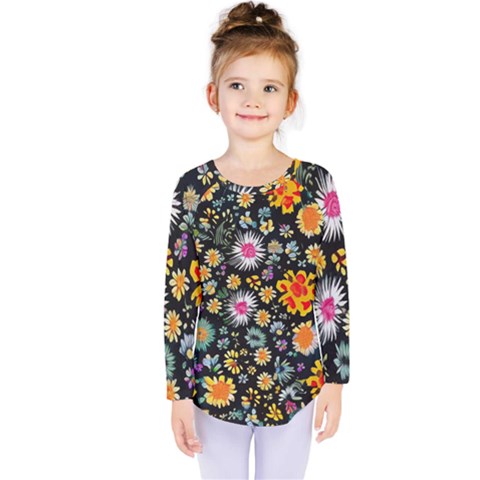 Mid Century Retro Floral 1970s 1960s Pattern 57 Kids  Long Sleeve T-shirt by violetheavensky