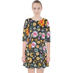Mid Century Retro Floral 1970s 1960s Pattern 57 Quarter Sleeve Pocket Dress by violetheavensky