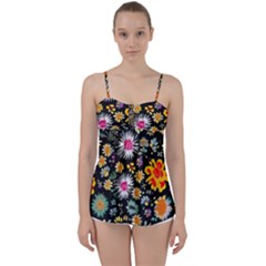 Mid Century Retro Floral 1970s 1960s Pattern 57 Babydoll Tankini Top by violetheavensky