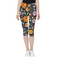 Mid Century Retro Floral 1970s 1960s Pattern 57 Inside Out Lightweight Velour Capri Leggings  by violetheavensky