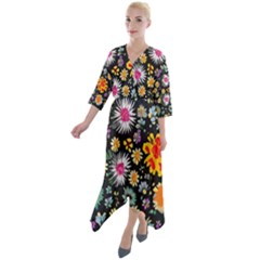 Mid Century Retro Floral 1970s 1960s Pattern 57 Quarter Sleeve Wrap Front Maxi Dress by violetheavensky