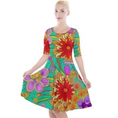 Mid Century Retro Floral 1970s 1960s Pattern 58 Quarter Sleeve A-line Dress by violetheavensky