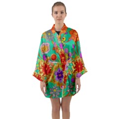 Mid Century Retro Floral 1970s 1960s Pattern 58 Long Sleeve Satin Kimono by violetheavensky