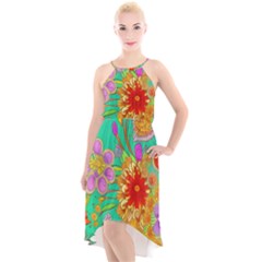 Mid Century Retro Floral 1970s 1960s Pattern 58 High-low Halter Chiffon Dress  by violetheavensky