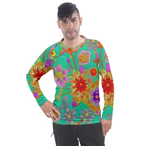 Mid Century Retro Floral 1970s 1960s Pattern 58 Men s Pique Long Sleeve T-shirt by violetheavensky