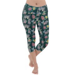 Mid Century Retro Floral 1970s 1960s Pattern 62 Lightweight Velour Capri Yoga Leggings by violetheavensky