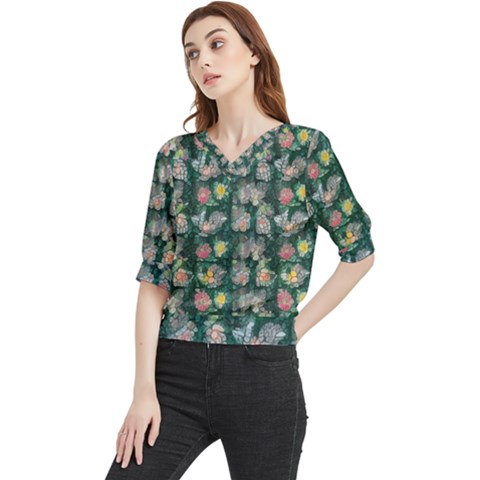 Mid Century Retro Floral 1970s 1960s Pattern 62 Quarter Sleeve Blouse by violetheavensky