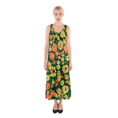 Mid Century Retro Floral 1970s 1960s Pattern 68 Sleeveless Maxi Dress by violetheavensky