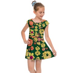 Mid Century Retro Floral 1970s 1960s Pattern 68 Kids  Cap Sleeve Dress by violetheavensky