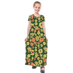 Mid Century Retro Floral 1970s 1960s Pattern 68 Kids  Short Sleeve Maxi Dress by violetheavensky
