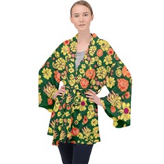 Mid Century Retro Floral 1970s 1960s Pattern 68 Long Sleeve Velvet Kimono  by violetheavensky