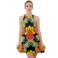 Mid Century Retro Floral 1970s 1960s Pattern 54 Halter Tie Back Chiffon Dress by violetheavensky