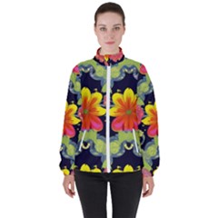 Mid Century Retro Floral 1970s 1960s Pattern 54 Women s High Neck Windbreaker by violetheavensky