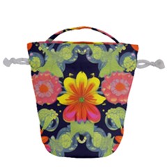 Mid Century Retro Floral 1970s 1960s Pattern 54 Drawstring Bucket Bag by violetheavensky