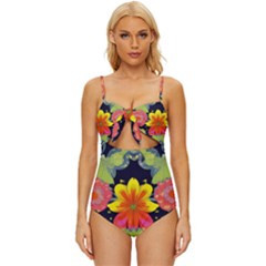 Mid Century Retro Floral 1970s 1960s Pattern 54 Knot Front One-piece Swimsuit by violetheavensky