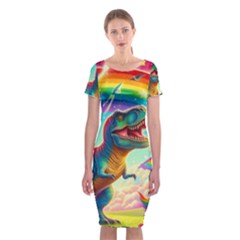 T-rex And Unicorns Classic Short Sleeve Midi Dress by RainbowTyrannosaurus