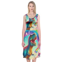 Trex/unicorns Midi Sleeveless Dress by RainbowTyrannosaurus