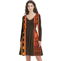 Sci-fi Futuristic Science Fiction City Neon Scene Artistic Technology Machine Fantasy Gothic Town Bu Long Sleeve V-neck Skater Dress With Pockets by Posterlux