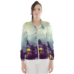 Village Moon Cloudy Historical Tudor Architecture Houses Town Night Windows City Women s Windbreaker by Posterlux