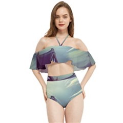 Village Moon Cloudy Historical Tudor Architecture Houses Town Night Windows City Halter Flowy Bikini Set  by Posterlux