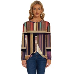 Books Bookshelves Office Fantasy Background Artwork Book Cover Apothecary Book Nook Literature Libra Long Sleeve Crew Neck Pullover Top by Posterlux