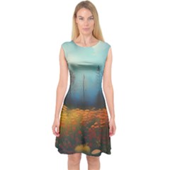 Wildflowers Field Outdoors Clouds Trees Cover Art Storm Mysterious Dream Landscape Capsleeve Midi Dress by Posterlux