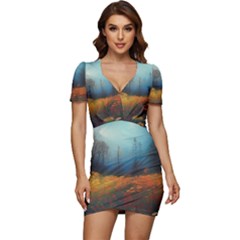 Wildflowers Field Outdoors Clouds Trees Cover Art Storm Mysterious Dream Landscape Low Cut Cap Sleeve Mini Dress by Posterlux