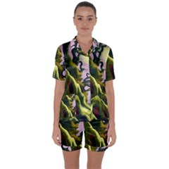 Outdoors Night Full Moon Setting Scene Woods Light Moonlight Nature Wilderness Landscape Satin Short Sleeve Pajamas Set by Posterlux