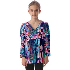 Hawaiian Flowers Hawaii Kids  V Neck Casual Top by Cemarart
