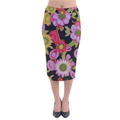Mid Century Retro Floral 1970s 1960s Pattern 70 Velvet Midi Pencil Skirt by violetheavensky