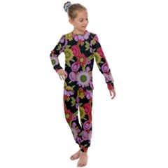 Mid Century Retro Floral 1970s 1960s Pattern 70 Kids  Long Sleeve Set  by violetheavensky