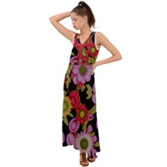 Mid Century Retro Floral 1970s 1960s Pattern 70 V-neck Chiffon Maxi Dress by violetheavensky