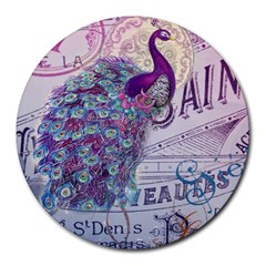 French Scripts  Purple Peacock Floral Paris Decor 8  Mouse Pad (round) by chicelegantboutique