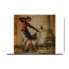 Paris Girl And Great Dane Vintage Newspaper Print Sexy Hot Gil Elvgren Pin Up Girl Paris Eiffel Towe Small Door Mat by chicelegantboutique