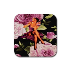 Cute Gil Elvgren Purple Dress Pin Up Girl Pink Rose Floral Art Drink Coaster (square) by chicelegantboutique