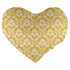 Sunny Yellow Damask Pattern Large 19  Premium Heart Shape Cushion by Zandiepants